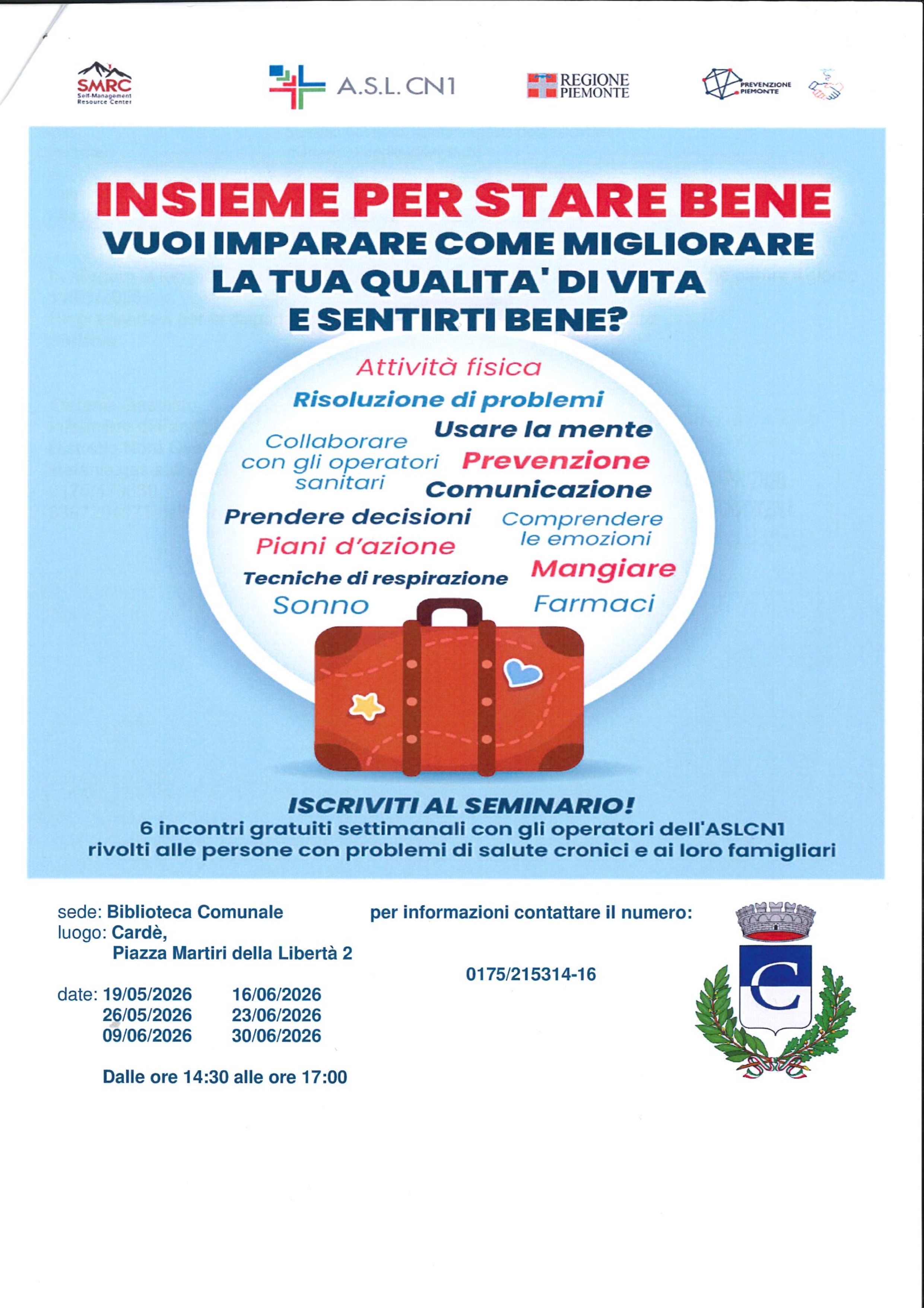 Progetto INSIEME PER STARE BENE con il patrocinio del Comune di Cardè -Seminario di Autogestione delle patologie croniche.